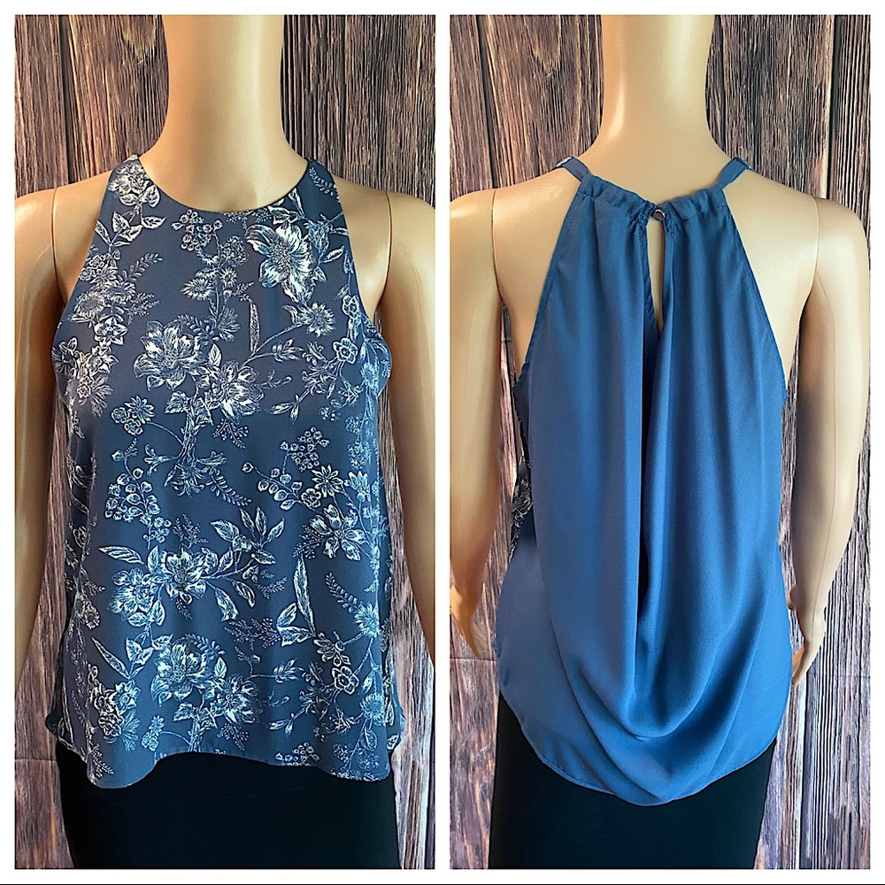 Forever 21 blue & white floral print sleeveless boho summer blouse size small